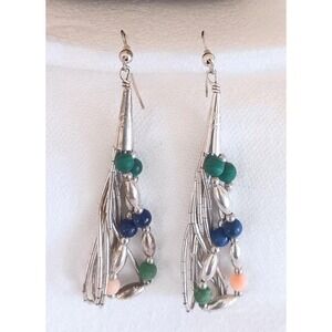 3" Sunwest Sterling Liquid Silver Dangle Earrings Coral Gemstones Southwestern